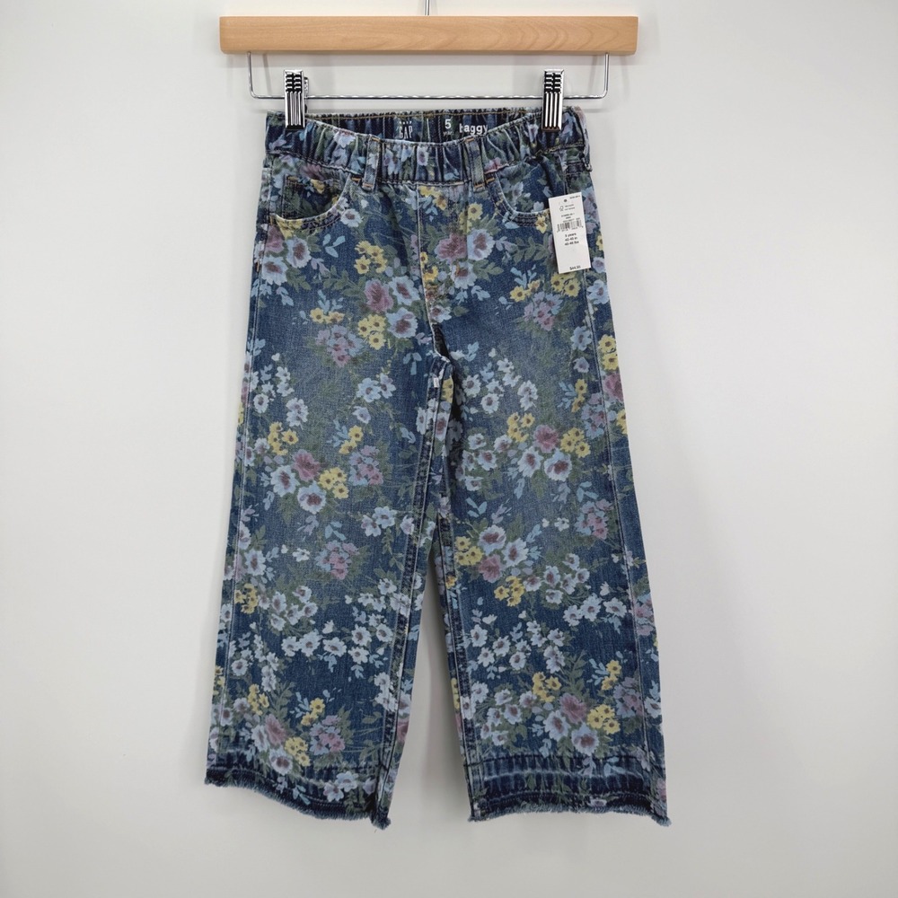 Baby Gap Baggy Jeans Kids 5 Years Blue Floral Cottagecore Wide Leg Raw Hem NEW